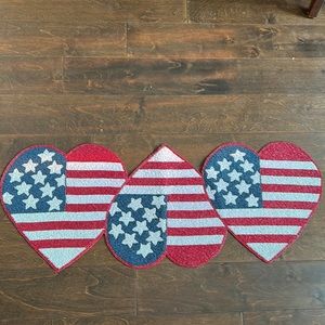 Americana Beaded Hearts Flag Stars Stripes Table Runner July 4th NWT.  13”x36”